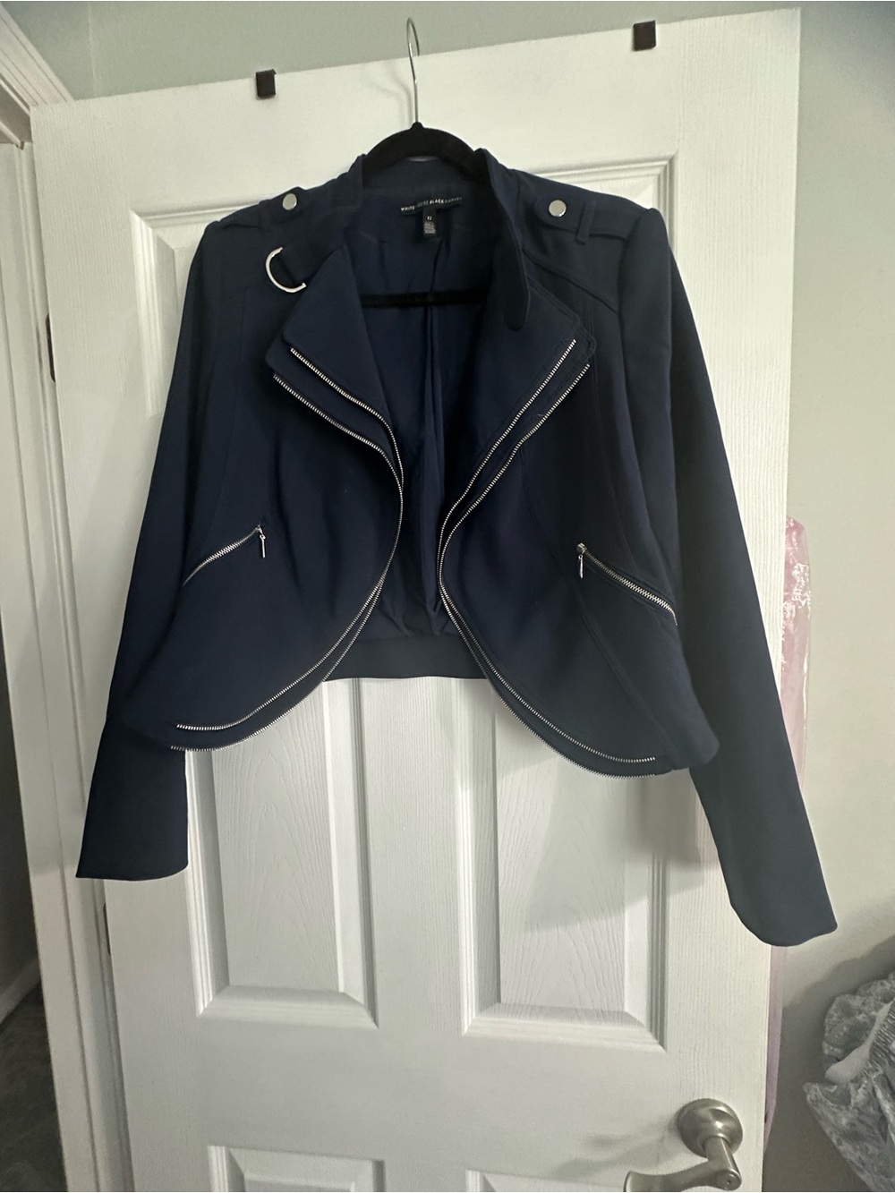 White House Black Market Navy Asymmetric Zip Moto Blazer